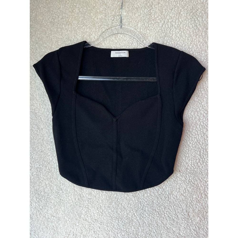 Babaton Sculpt Knit Cap-Sleeve Top Black Sweetheart Neckline Corset Seam Large